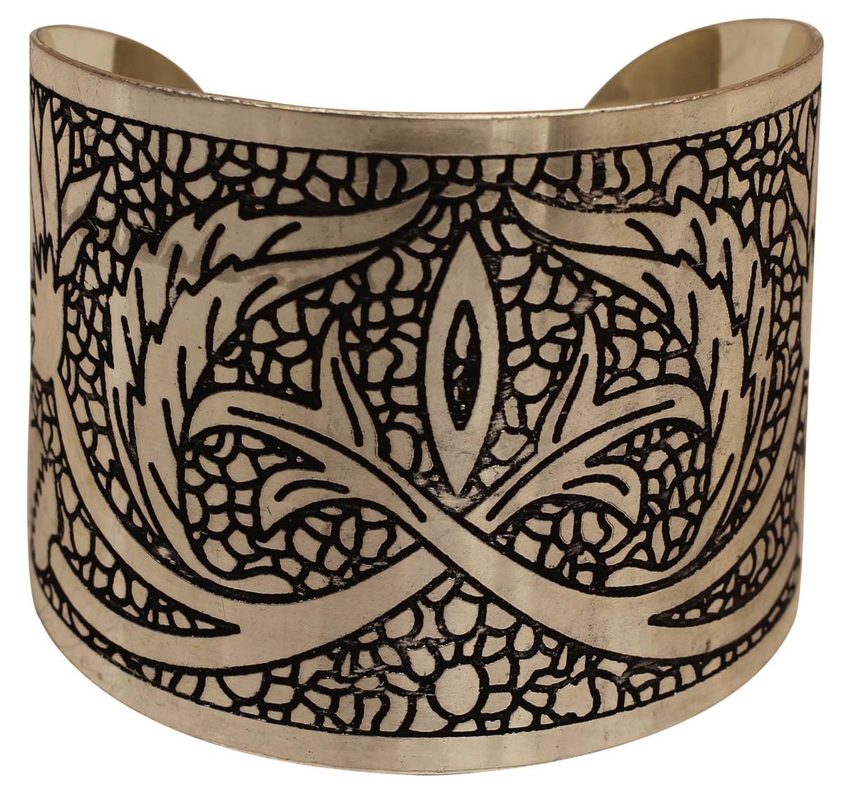 Wholesale Bracelets from India – Antique-Look Cuff Bracelet – Cast in Brass – Nickel Plated & Black Shading – Abstract Motifs – Bracelets in Bulk